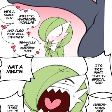 nintendo, pokemon, gardevoir, generation 3 pokemon, pokemon (species), saltyxodium, big penis, blush, blush lines, bodily fluids, duo, female, genitals, green body, green hair