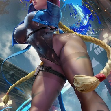 capcom, street fighter, cammy white, sakimichan, big ass, big breasts, blonde hair, boots, curvaceous, hands above head, jacket, leaning forward, leotard, long hair, stretching