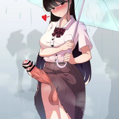 komi-san wa komyushou desu, komi shouko, kogyoku69 (akaiyuu233), 1futa, after ejaculation, balls, black hair, blush, bottomless, breasts, clothed, clothing, cumdrip, erection, erection under skirt