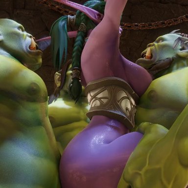 world of warcraft, night elf, tyrande whisperwind, pygophilia3d, 1girls, 3boys, armor, big penis, bondage, carrying, carrying position, cheating, creampie, cum in ass, cum inside