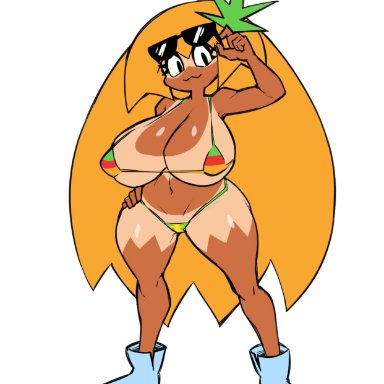 pizza tower, toppin gals minus8, pineapple toppin, toppin gals, unknown artist, :3, bikini, black eyes, blue boots, boots, female, full body, hair accessory, hand on hip, holding object