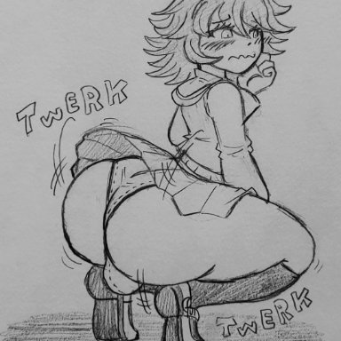 danganronpa, fujisaki chihiro, fauxtellno1 (artist), ass, big ass, blush, bulge, bulge through clothing, dancing, embarrassed, femboy, large ass, male, male only, panties