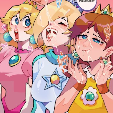 mario (series), nintendo, princess daisy, princess peach, princess rosalina, diforland, 1boy, 3girls, after fellatio, after oral, blonde hair, blue dress, blue eyes, brown hair, crown