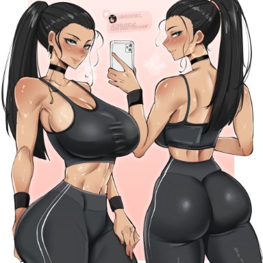 one piece, nico robin, almualim, 1girls, ass, black hair, blue eyes, breasts, bubble butt, dat ass, female, huge ass, huge breasts, long hair, sports bra