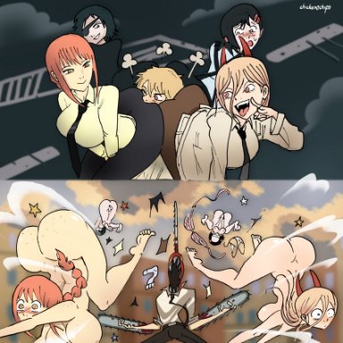 chainsaw man, denji (chainsaw man), higashiyama kobeni, himeno (chainsaw man), makima (chainsaw man), power (chainsaw man), chicken0chips, 1boy, 4girls, angry, annoyed, areolae, ass, ass focus, ass in face