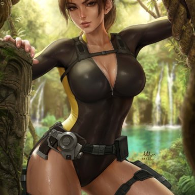 tomb raider, tomb raider (l.a.u.), lara croft, lara croft (l.a.u.), sciamano240, 1girls, abs, athletic, athletic female, bangs, belt, big breasts, bodysuit, breasts, brown eyes