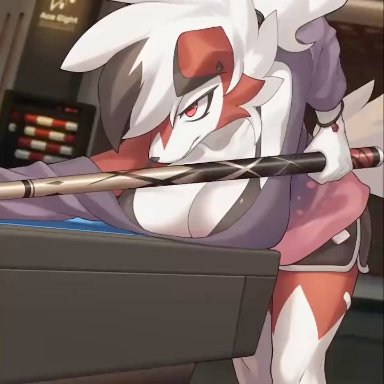 nintendo, pokemon, generation 7 pokemon, lycanroc, midnight lycanroc, pokemon (species), healingpit, zinfyu, anthro, big breasts, billiard table, biped, blush, bra, bracelet