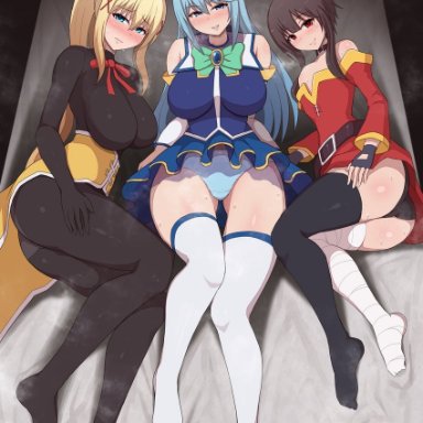 aqua (konosuba), darkness (konosuba), megumin, ponponmaru, 3girls, bandaged leg, bandages, bare shoulders, belt, black bodysuit, black choker, black hair, blonde hair, blue eyes, blue hair