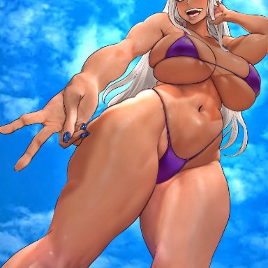 boku no hero academia, my hero academia, miruko, rumi usagiyama, b 0 rukia, :d, animal ears, arm up, bikini, blue nails, breasts, cleavage, dark-skinned female, dark skin, female