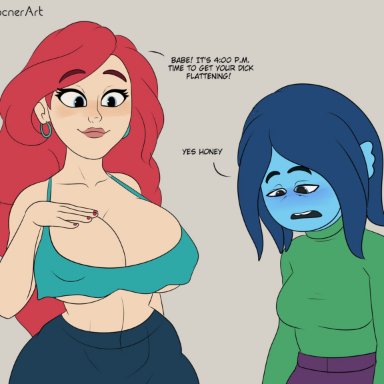 dreamworks, ruby gillman, teenage kraken, chelsea (ruby gillman), ruby gillman, rocner, 1futa, 1girls, big breasts, blue body, blue hair, blue skin, clothed, clothing, duo, female