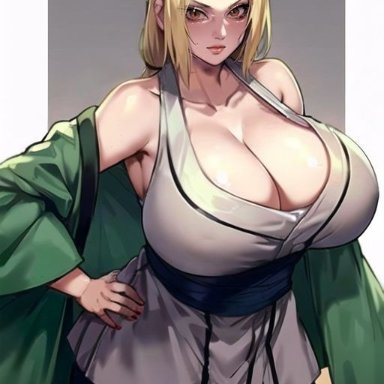 naruto, naruto (series), naruto shippuden, tsunade, ai illust man, nai diffusion, stable diffusion, 1girls, bare shoulders, big breasts, blonde hair, breasts, breasts bigger than head, brown eyes, busty