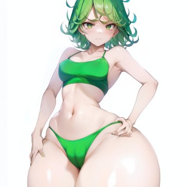 deviantart, one-punch man, tatsumaki, monochrome ai, 1girls, green eyes, green hair, green underwear, huge ass, huge hips, light-skinned female, light skin, lime hair, small breasts, solo