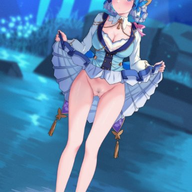 genshin impact, kamisato ayaka, uncle dush, ///, 1girls, aqua hair, ass visible through thighs, big breasts, blue eyes, blush, bottomless skirt, braided hair, breasts, chest, cleavage