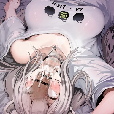 hololive, shishiro botan, kajimakoto, 1boy, after fellatio, ahoge, animal ears, bed, blue eyes, blush, breasts, choker, cleavage, clothed female nude male, cum