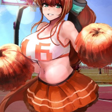 doki doki literature club, friday night funkin, hex (yingyang48), butterflan01, 1girls, basketball, big breasts, blush, brown hair, cheerleader, clothed, clothed female, cosplay, female, female only