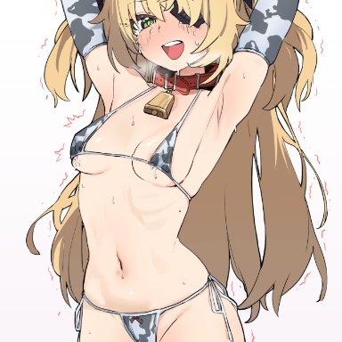 genshin impact, fischl (genshin impact), dorontabi, 1girls, armpit, armpit fetish, armpits, arms behind head, arms up, bell, bell collar, blonde hair, collar, cow print, cow print armwear