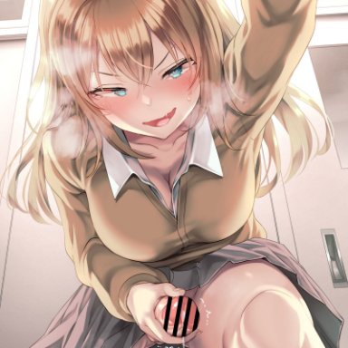 ayanakitori, 1futa, big breasts, big penis, blonde hair, blue eyes, blush, bottomless, bottomless skirt, breasts, clothed, clothing, cock pointing towards viewer, cum, cum drip