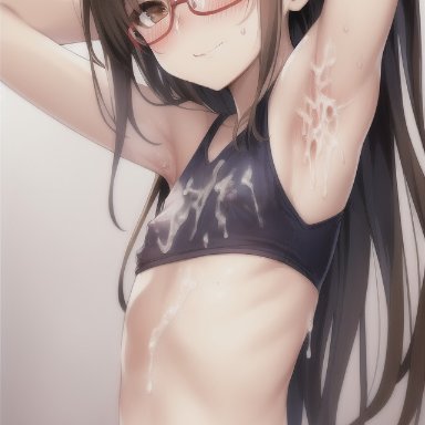 armure, stable diffusion, ambiguous gender, androgynous, armpit, armpit fetish, armpits, arms behind head, arms up, blush, blush lines, brown eyes, brown hair, cum, cum in armpit