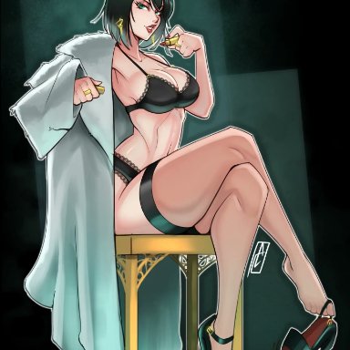 one-punch man, fubuki (one-punch man), artist request, 1girls, big breasts, bra, breasts, chair, cleavage, coat, dark green hair, ear piercing, earrings, female, female only