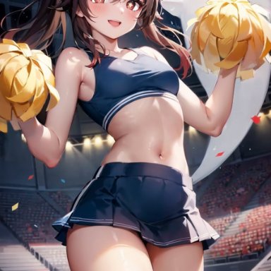 genshin impact, hu tao (genshin impact), nai diffusion, stable diffusion, 1girls, alternate costume, bare shoulders, bare thighs, belly, belly button, blush, breasts, cheerleader, cheerleader uniform, female