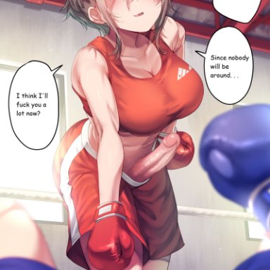 ayanakitori, 1futa, 1other, bare shoulders, bedroom eyes, big breasts, big penis, blue boxing gloves, blue gloves, blue shorts, boxing, boxing gloves, boxing ring, breasts, cleavage