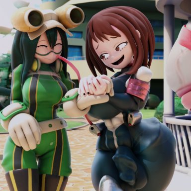 dragon ball, dragon ball z, my hero academia, android 18, miruko, ochako uraraka, rumi usagiyama, tsuyu asui, neenbeanmachine, 1futa, 3girls, balls, big breasts, blonde hair, breasts