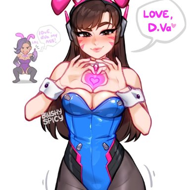 overwatch, overwatch 2, d.va, sombra, blushypixy, blushyspicy, 2girls, blush, bow, bowtie, brown eyes, brown hair, bunny ears, bunny girl, bunnysuit