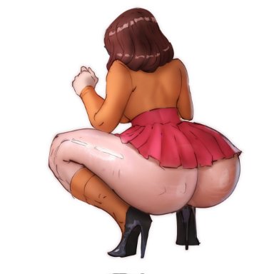 scooby-doo, velma dinkley, charcoalx00, 1girls, big ass, big butt, brown hair, crouching, huge ass, huge butt, light-skinned female, light skin, skirt, sweater