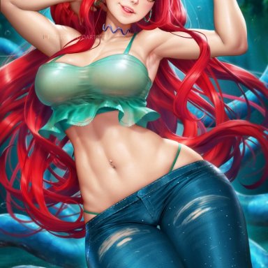 dreamworks, ruby gillman, teenage kraken, chelsea (ruby gillman), neoartcore, abs, armpits, blue pants, breasts, choker, crop top, earrings, eyeshadow, female, highleg, highleg panties