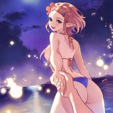 breath of the wild, nintendo, tears of the kingdom, the legend of zelda, princess zelda, zelda (breath of the wild), sumustard, 1boy, 1boy1girl, 1girls, ass, back view, bikini, blonde hair, breasts