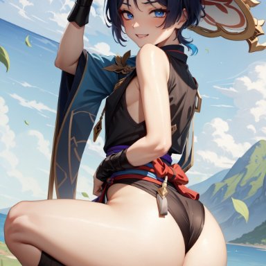 genshin impact, scaramouche (genshin impact), stable diffusion, 1boy, ass, ass focus, cloud, cloudy sky, exposed ass, femboy, gloves, hat, japanese clothes, kimono, looking at viewer