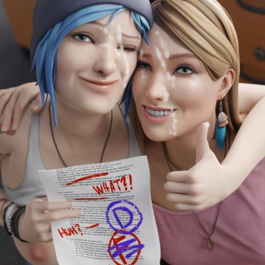 life is strange, chloe price, rachel amber, batesz, 2girls, after fellatio, after sex, areolae, big breasts, blue hair, breasts, breasts out, crop top, cum, cum on face