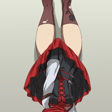 rooster teeth, rwby, ruby rose, tehshraid, 1girls, against wall, black hair, boots, bullet, bullet belt, cape, clothes lift, corset, handstand, imminent exposure