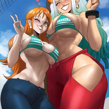 one piece, shounen jump, nami, yamato (one piece), echosaber, 2girls, big breasts, bikini, breasts, female, horns, light skinned female, long hair, orange hair, thick thighs