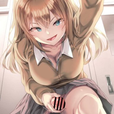 ayanakitori, 1futa, big breasts, big penis, blonde hair, blue eyes, blush, bottomless, bottomless skirt, breasts, clothed, clothing, cock pointing towards viewer, erect penis, erection