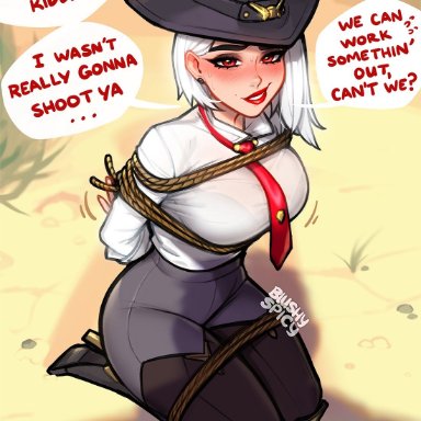 overwatch, ashe (overwatch), blushypixy, blushyspicy, 1girls, bondage, captured, female, full body, fully clothed, hair behind ear, hands behind back, hartman hips, hat, hips