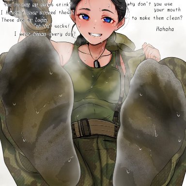 do-luck, 1girls, 5 fingers, army, army girl, blue eyes, blush, camo pants, camo print, dirty feet, dirty socks, dirty talk, dog tags, feet, female