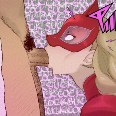 persona, persona 5, ann takamaki, suguru kamoshida, coli, coliboly, 1boy, 1girls, blonde hair, blowjob, brainwashed, brainwashing, cum in mouth, cum in throat, deep blowjob