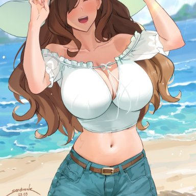 wiz (konosuba), sendrawz, beach, blouse, brown hair, brown hair female, cleavage, midriff, short shorts, water, wholesome