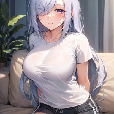 genshin impact, shenhe (genshin impact), stable diffusion, 1girls, blue eyes, blush, booty shorts, breasts, dolphin shorts, female, hair over one eye, huge breasts, indoors, long hair, looking at viewer