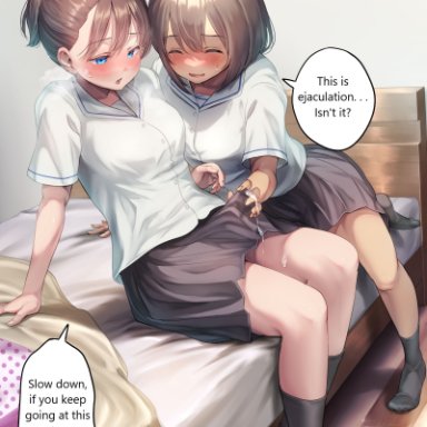 original, ayanakitori, 1futa, 1girls, bed, black legwear, blue eyes, blush, brown eyes, brown hair, clothed, clothing, covered penis, cum, cum on hand