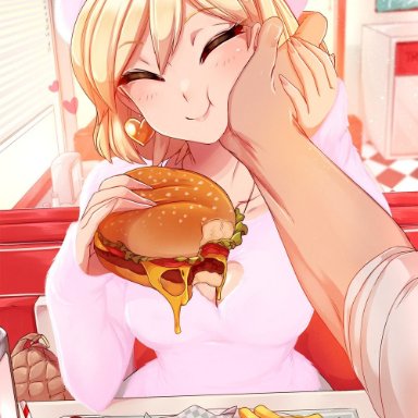 merunyaa, blonde hair, burger, diner, ear piercing, earrings, looking at viewer, pov, safe, sunlight, wholesome, sfw, tagme