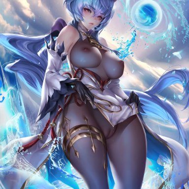 genshin impact, ganyu (genshin impact), arenbi, 1girls, big breasts, blue hair, bodysuit, cameltoe, cute, female, functionally nude, horns, kimono, nipples visible through clothing, see-through