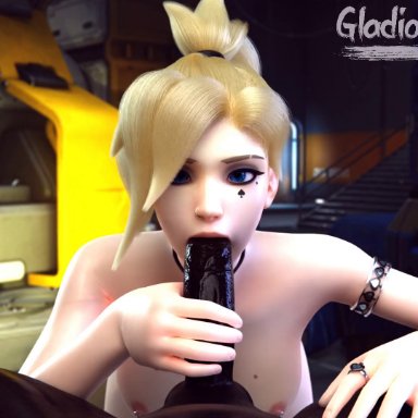 blizzard entertainment, overwatch, overwatch 2, angela ziegler, mercy, gladionanimated, all the way to the base, big penis, black body, black penis, blonde female, blonde hair, blowjob, blowjob face, blue eyes