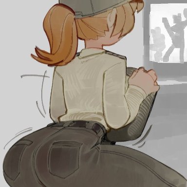 five nights at freddy's, vanessa (fnaf), wamudraws, back view, big ass, blonde hair, ponytail, security guard, sitting backwards, tight clothing