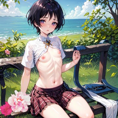 genshin impact, scaramouche (genshin impact), stable diffusion, blush, femboy, flower, grass, leaf, looking at viewer, navel, necklace, nipples, ocean, otoko no ko, otokonoko