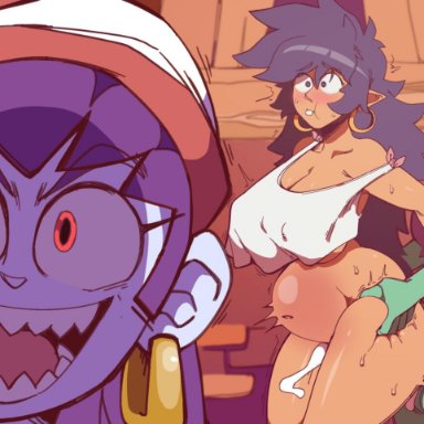 shantae, risky boots, rottytops, shantae (character), ragingbarbarians, 1futa, 2girls, anal, balls, big belly, bottomless, breasts, clothed, clothing, cum