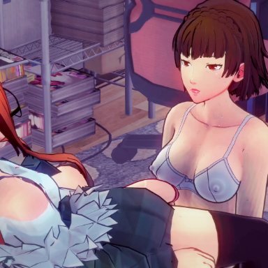 koikatsu, persona, persona 5, makoto niijima, sakura futaba, lampman, 1futa, 1girls, erection, futa on female, futanari, huge cock, imminent oral, imminent sex, penis awe