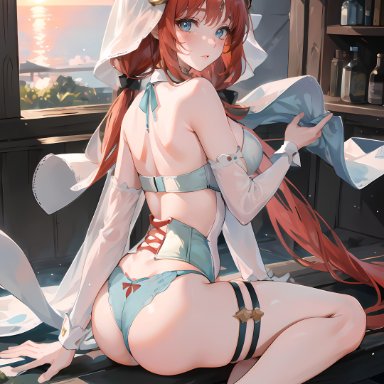 genshin impact, nilou (genshin impact), ass, bare shoulders, barefoot, blue eyes, blush, breasts, dimples of venus, fake horns, female, from behind, horns, long hair, looking at viewer