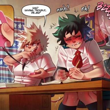 my hero academia, female bakugou, female deku, izuku midoriya, katsuki bakugou, wildmage, 2girls, biting lip, blush, female, female only, freckles, green hair, pussy juice, pussy juice drip